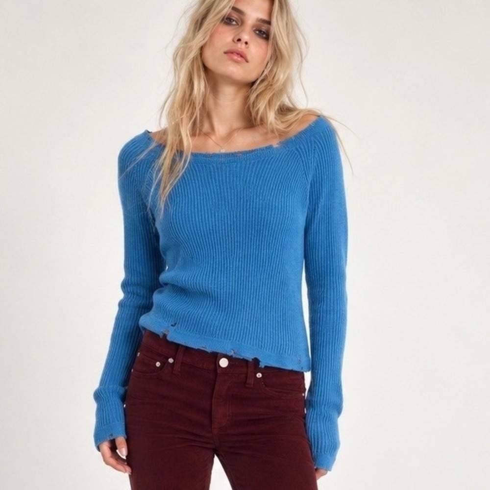 Vince XS Wool Cashmere Ribbed Sweater Blue Damaged Distressed Indie Sleaze AS IS